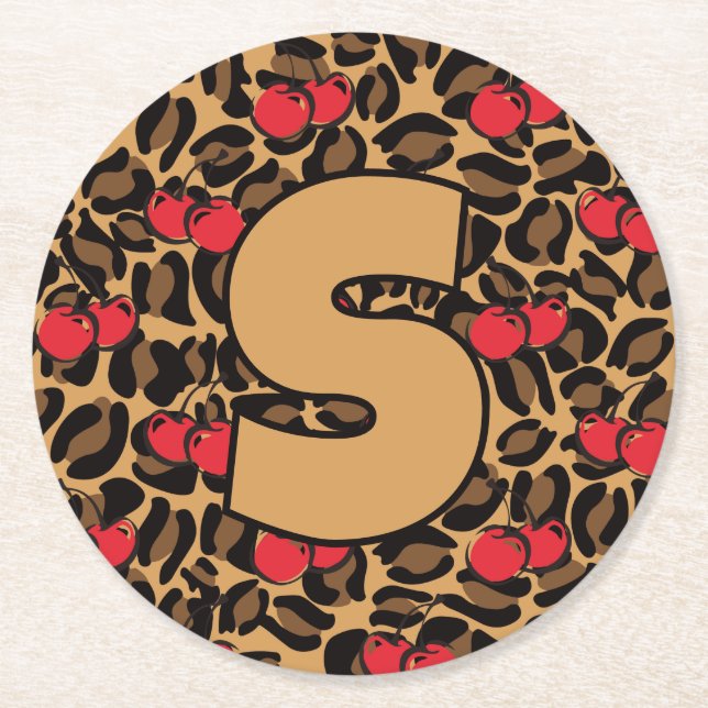 Personalized Leopard Cherries Round Paper Coaster (Front)