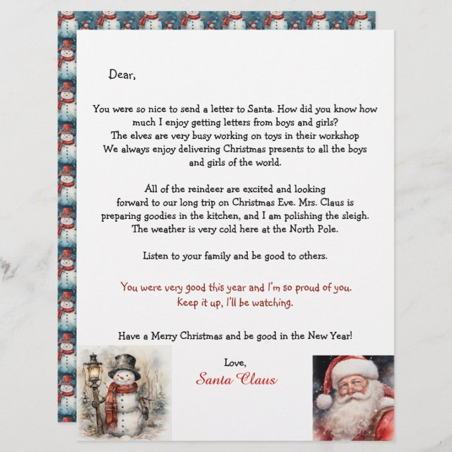 Personalized Letter From Santa Snowman (Front/Back)