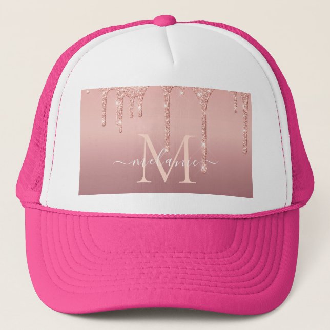 Personalized Letter Name Rose Gold Glitter Hat (Front)