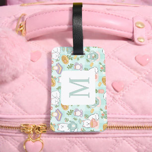 Personalized Letter Tea & Bookish Cat Mint Green Luggage Tag