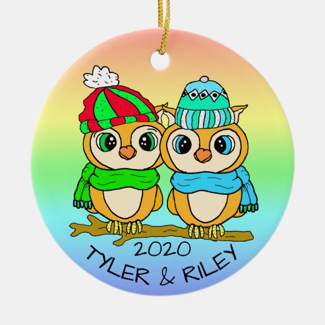 Personalized LGBT Love Birds Owls Christmas Ceramic Ornament (Front)