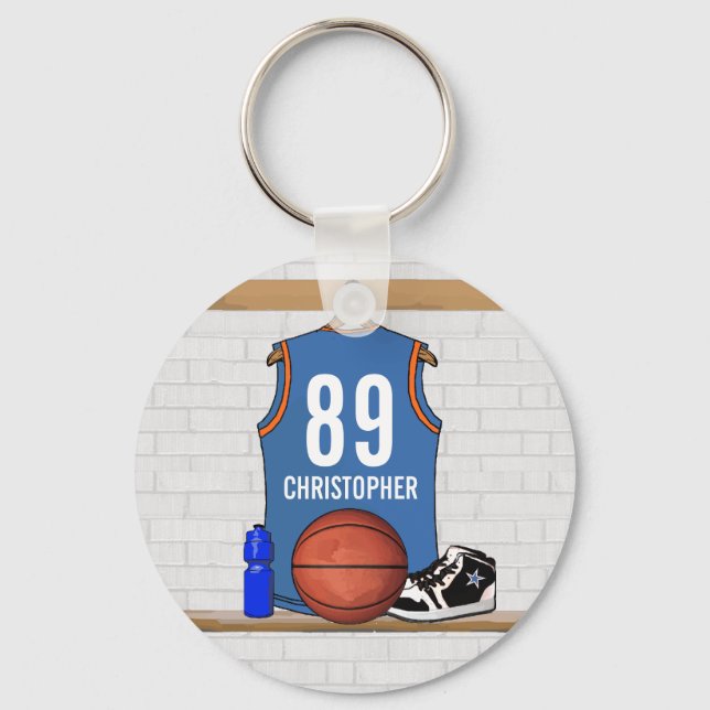 Personalized Light Blue Orange Basketball Jersey Key Ring (Front)