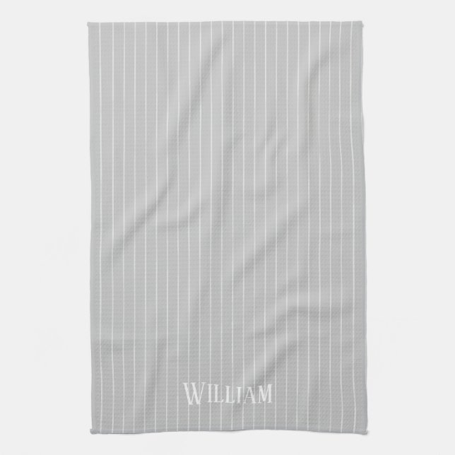 Personalized light gray pinstripes tea towel (Vertical)