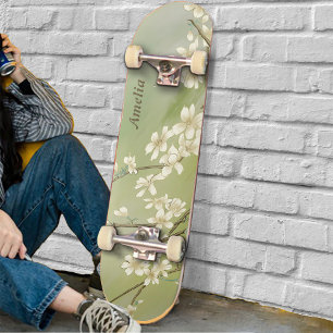 Personalized Light Green White Flowers Skateboard