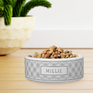 Personalized Light Grey Farmhouse Style Plaid Pet Bowl