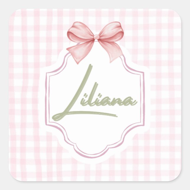 Personalized Liliana Baby Girl Nursery Bow&Gingham Square Sticker (Front)