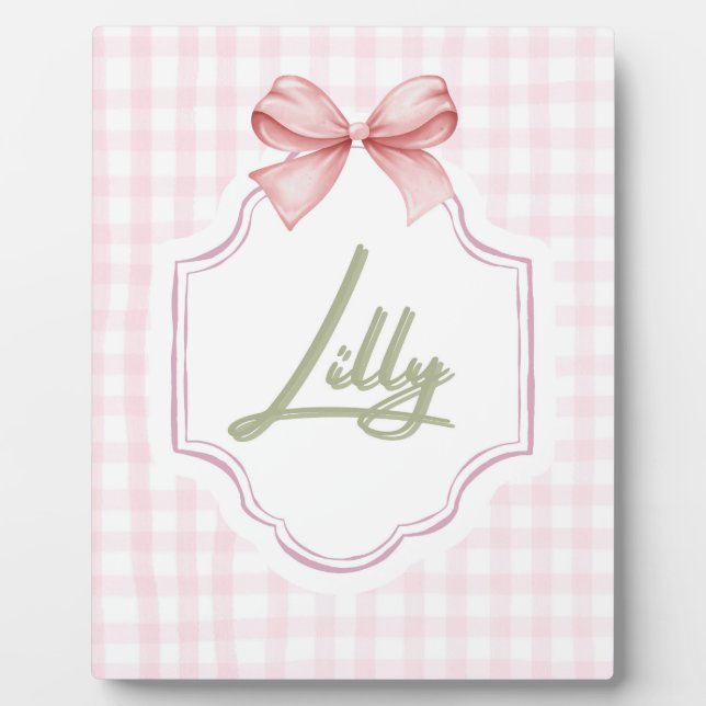 Personalized Lilly Baby Girl Nursery Bow&Gingham  Plaque (Front)