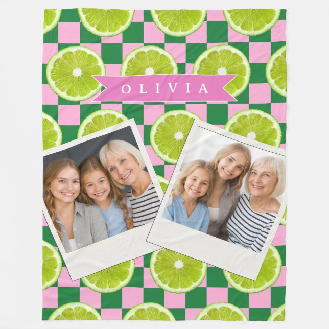 Personalized Lime Gingham Citrus Custom Name Fleece Blanket (Front)