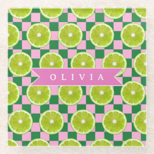 Personalized Lime Gingham Citrus Custom Name Glass Coaster