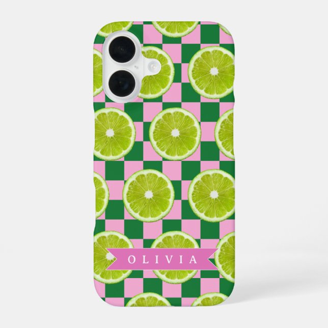 Personalized Lime Gingham Citrus Custom Name iPhone 16 Case (Back)