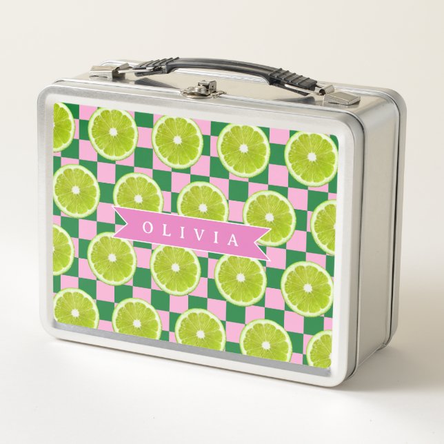 Personalized Lime Gingham Citrus Custom Name Metal Lunch Box (Front)