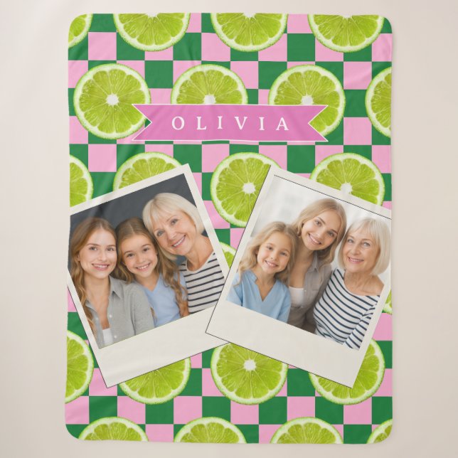 Personalized Lime Gingham Citrus Custom Name Sherpa Blanket (Front)