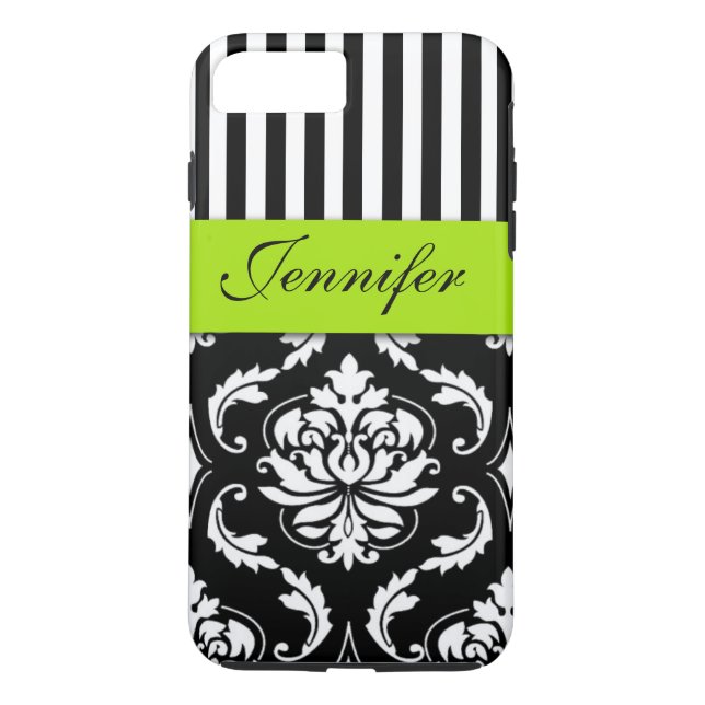 PERSONALIZED LIME GREEN, BLACK DAMASK STRIPED Case-Mate iPhone CASE (Back)