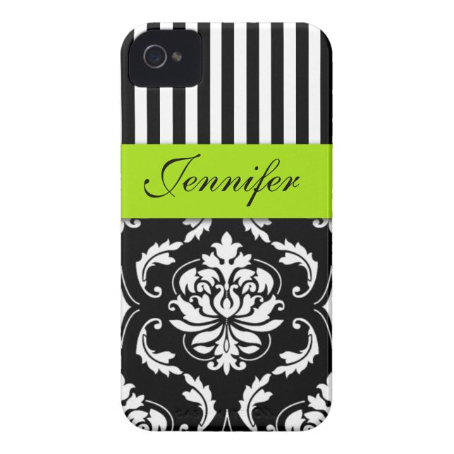 PERSONALIZED LIME GREEN, BLACK DAMASK STRIPED Case-Mate iPhone CASE (Back)