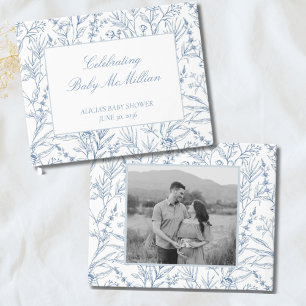Personalized Line Drawn Blue Floral Baby Shower Guest Book