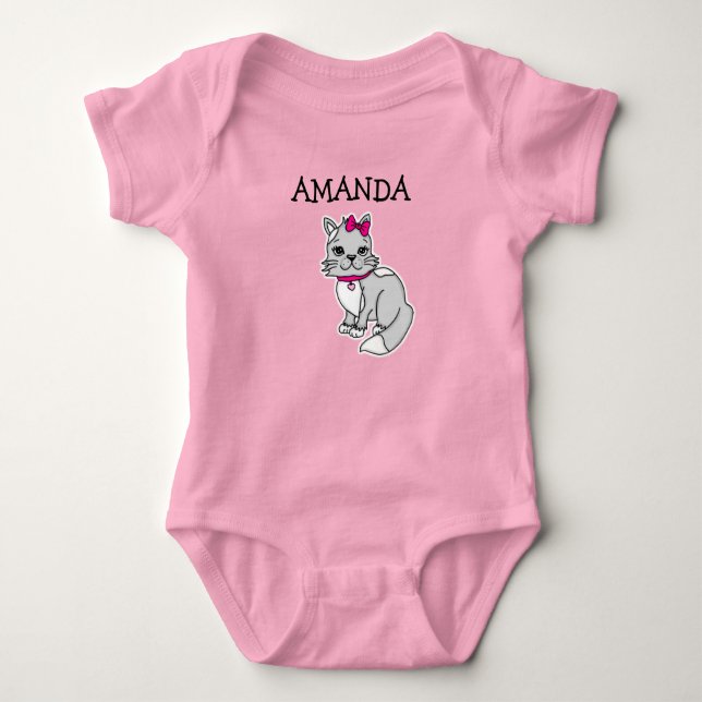 Personalized Little Girl's Gray Kitten with Bow To Baby Bodysuit (Front)