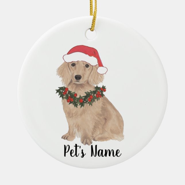 Personalized Long Haired Dachshund Christmas Ceramic Ornament (Front)