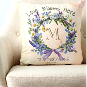 Personalized Love Blooms Here Floral Throw Pillow