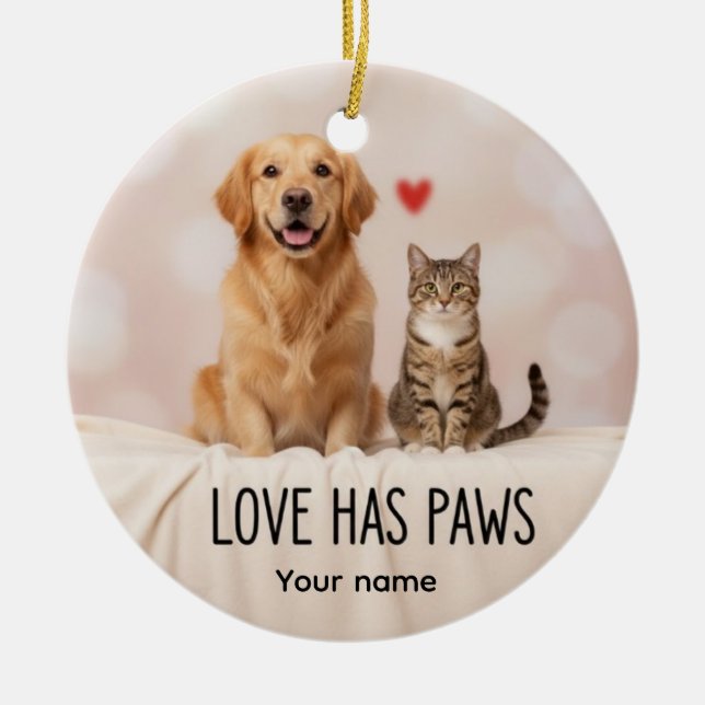 Personalized Love Has Paws Dog & Cat Ornament (Front)
