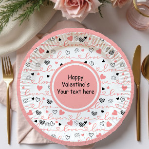 Personalized Love Text Pink Black Hearts Party Paper Plate