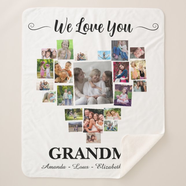 Personalized Love You Grandma Hearts 21 Photo Sherpa Blanket (Front)