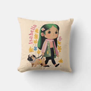 Personalized Lovely Girl Walking With Pug Cushion