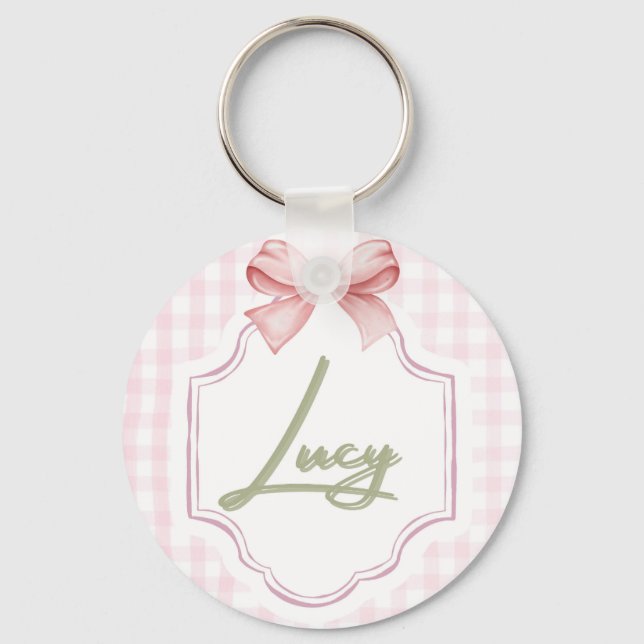 Personalized Lucy Baby Girl Nursery Bow&Gingham Key Ring (Front)