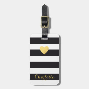 Personalized Luggage tag striped gold heart