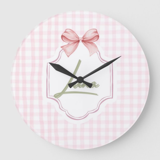 Personalized Luna Baby Girl Nursery Bow & Gingham  Large Clock (Front)