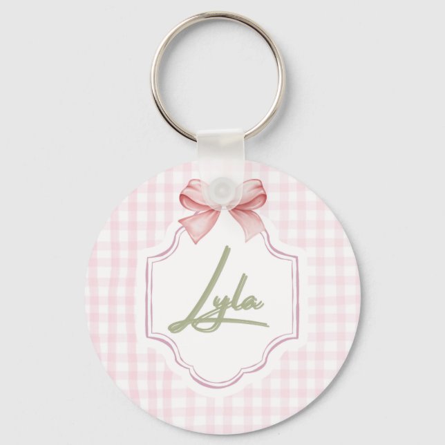 Personalized Lyla Baby Girl Nursery Bow&Gingham Key Ring (Front)