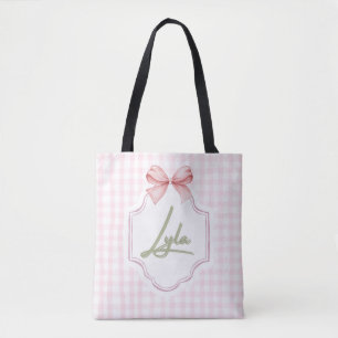 Personalized Lyla Baby Girl Nursery Bow&Gingham Tote Bag