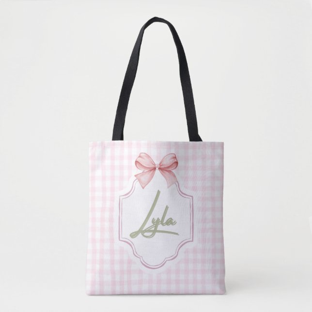 Personalized Lyla Baby Girl Nursery Bow&Gingham Tote Bag (Front)