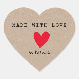 Personalized Made With Love Red Heart Kraft Heart Sticker