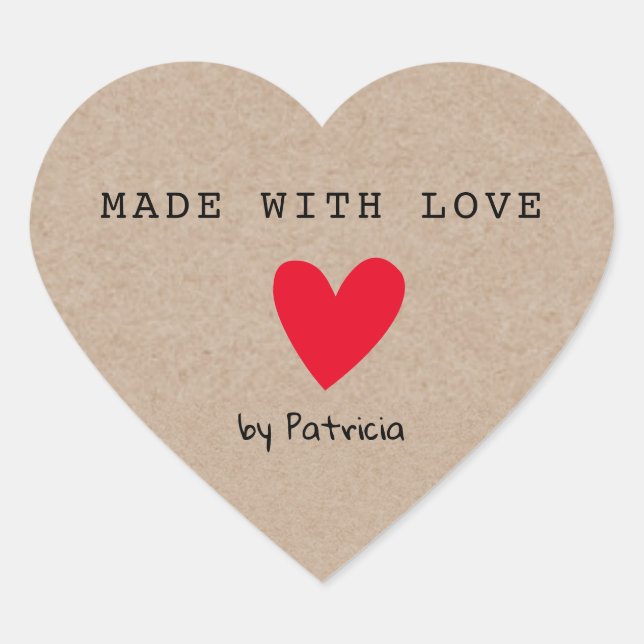 Personalized Made With Love Red Heart Kraft Sticker (Front)