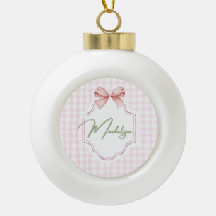 Personalized Madeline Baby Girl Nursery BowGingham Ceramic Ball Christmas Ornament