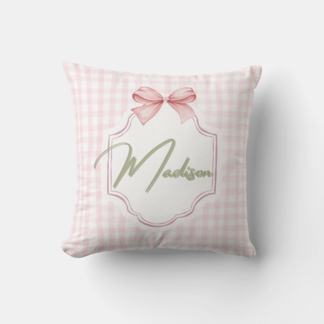 Personalized Madison Baby Girl Nursery Bow&Gingham Cushion (Front)