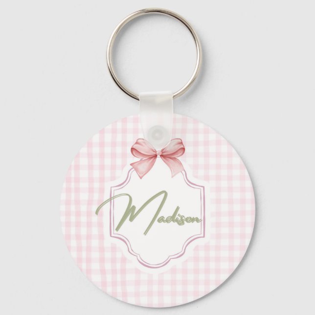 Personalized Madison Baby Girl Nursery Bow&Gingham Key Ring (Front)