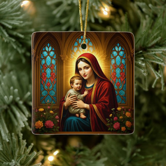 Personalized Madonna and Child Christmas  Ceramic Ornament (Tree)