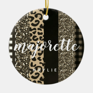 Personalized Majorette Faux Cheetah and Glitter Ceramic Ornament