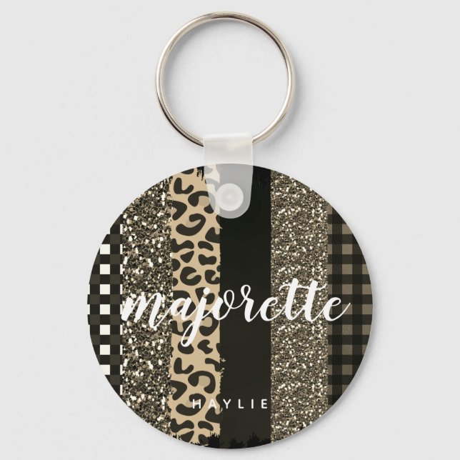Personalized Majorette Faux Cheetah and Glitter Key Ring (Front)