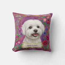 Personalized Maltese Dog Pink Floral Cushion