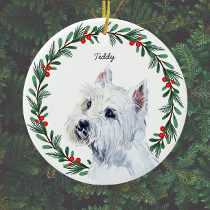 Personalized Maltese Dog Red Green Holiday Wreath Ceramic Ornament