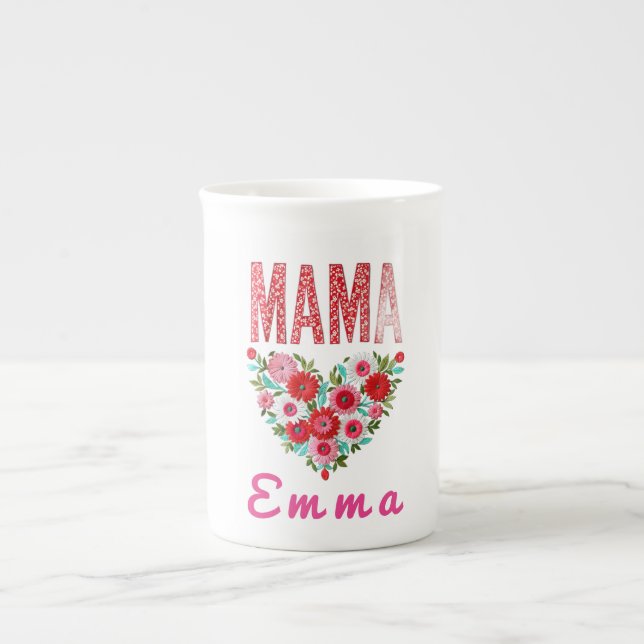 Personalized Mama Heart Floral Custom Gift Bone China Mug (Front)