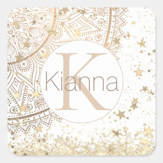 Personalized Mandala with Gold Stars Monogram  Square Sticker (Front)