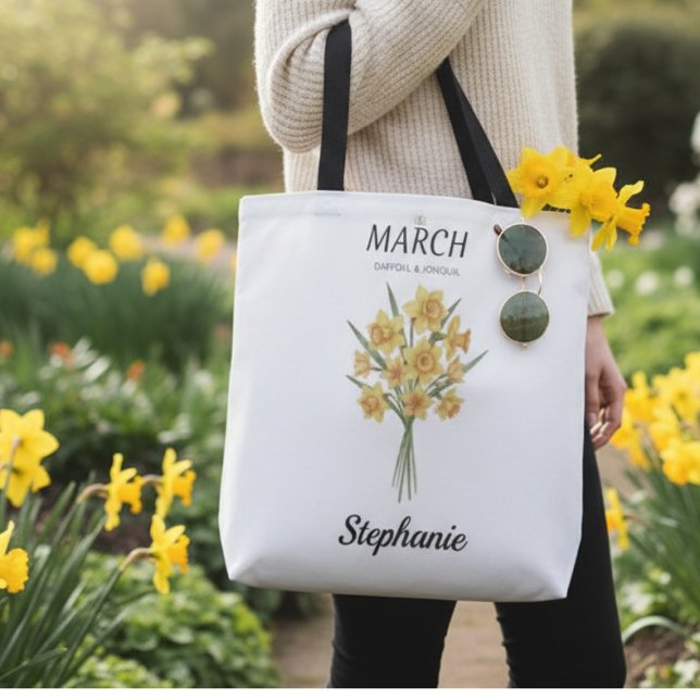 Personalized March Birthday Daffodil Botanical Tote Bag (Personalized March Birthday Daffodil Tote Bag)