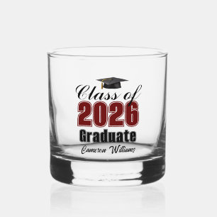 Personalized Maroon Black Class of 2026 Graduation Whiskey Glass