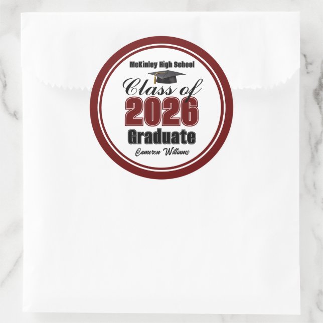 Personalized Maroon Class of 2026 Graduation Party Classic Round Sticker (Bag)