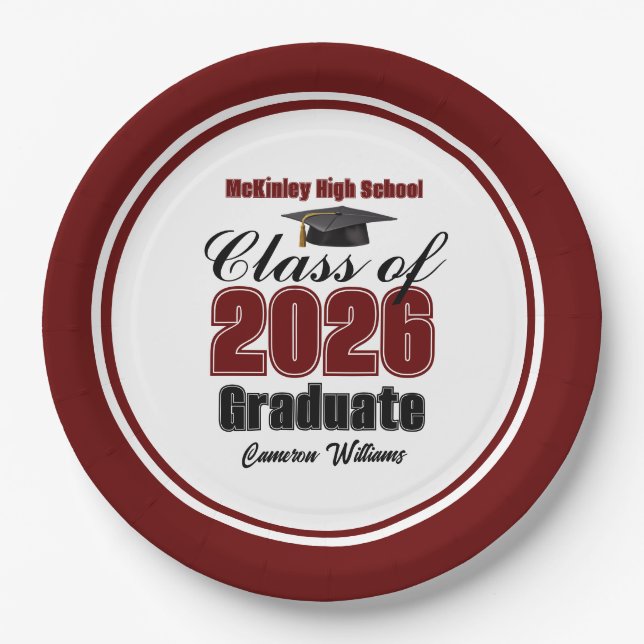 Personalized Maroon Class of 2026 Graduation Party Paper Plate (Front)
