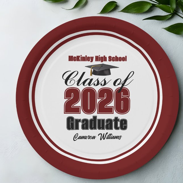 Personalized Maroon Class of 2026 Graduation Party Paper Plate (Creator Uploaded)