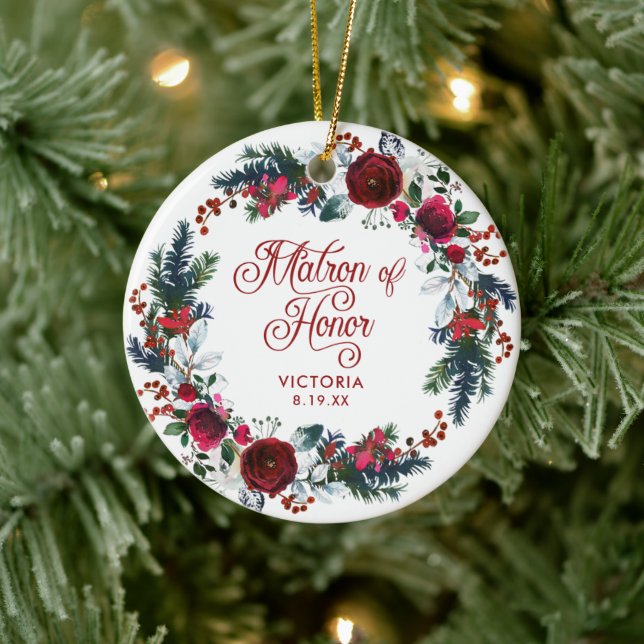 Personalized Matron Of Honor Gift Christmas Wreath Ceramic Ornament (Tree)